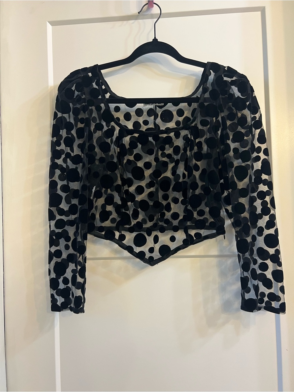 Batsheva Black Sheer Polka Dot Long Sleeve Crop Top